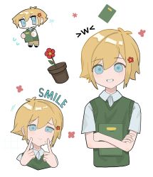  1boy antenna_hair basil_(faraway)_(omori) basil_(omori) blonde_hair blue_eyes book chibi closed_mouth collared_shirt double-parted_bangs english_text flower flower_pot flying_sweatdrops green_sweater_vest hair_flower hair_ornament highres holding holding_book index_fingers_raised looking_at_viewer omori plant potted_plant shirt short_hair sidelocks smile solo sweat sweater_vest ttyyuwwuw white_shirt 