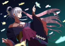  1girl absurdres arm_up blue_eyes blue_kimono cho_kaguya-hime! colored_inner_hair commentary_request fish hair_ornament hair_rings hair_stick highres japanese_clothes kimono long_hair multicolored_hair nail_polish off_shoulder open_mouth oriharaao pink_hair purple_nails runami_yachiyo shide solo twintails very_long_hair white_hair 