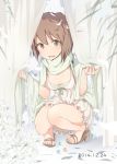  1girl bare_legs blush brown_eyes brown_hair curtains dated dress flower hagiwara_yukiho idolmaster laki looking_at_viewer marble sandals scarf short_hair solo squatting wavy_mouth 