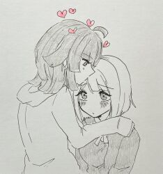  2girls ahoge blunt_bangs blunt_ends blush bob_cut commentary_request ei_(eis0612) graphite_(medium) greyscale heart highres hood hood_down hooded_jacket inverted_bob jacket kishimen_hair long_hair looking_at_another love_live! love_live!_nijigasaki_high_school_idol_club medium_hair monochrome multiple_girls nakasu_kasumi neck_ribbon nijigasaki_school_uniform pen_(medium) ribbon school_uniform short_hair simple_background sleeves_past_wrists spot_color tennoji_rina traditional_media white_background winter_uniform yuri 