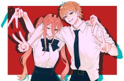  1boy 1girl arm_around_neck belt black_bow black_necktie black_pants blonde_hair border bow bowtie brown_eyes chainsaw_man chinese_commentary collared_shirt commentary_request cowboy_shot cross-shaped_pupils demon_girl demon_horns denji_(chainsaw_man) double_gyaru_v double_v dress_shirt grin gyaru_v hair_between_eyes highres horns hurdakivfc long_hair long_hair_between_eyes looking_at_viewer necktie one_eye_closed pants pleated_skirt power_(chainsaw_man) red_background red_eyes red_horns red_nails shadow sharp_teeth shirt shirt_partially_tucked_in shirt_tucked_in short_hair short_sleeves sidelocks skirt sleeves_rolled_up smile symbol-shaped_pupils teeth twintails v white_border white_shirt yellow_eyes 