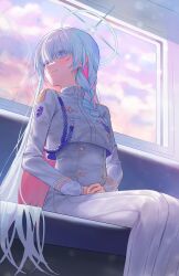  1girl absurdres blue_archive blue_eyes blue_hair blue_halo braid closed_mouth colored_inner_hair commentary cropped_jacket from_below general_student_council_president_(blue_archive) hair_over_eyes halo high-waist_skirt highres jacket kaze_22 korean_commentary long_hair long_sleeves multicolored_hair pink_hair reflection sitting skirt smile solo train_interior two-tone_hair very_long_hair white_jacket white_skirt 