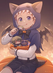  2boys :q absurdres animal_ears appmon black_bow blue_eyes bow brothers brown_hair candy cape chibi child commentary_request cosplay digimon digimon_universe:_appli_monsters fake_animal_ears food green_hair hackmon_(appmon) hackmon_(appmon)_(cosplay) halloween halloween_bucket halloween_costume highres holding holding_candy holding_food holding_halloween_bucket holding_lollipop hood hoodie jack-o'-lantern katsura_hajime katsura_rei lollipop long_sleeves lulu_hane male_focus multiple_boys pumpkin red_claws red_eyes shirt shorts siblings sitting sitting_on_object sleepmon suspenders tail teeth tongue tongue_out white_shirt wings 