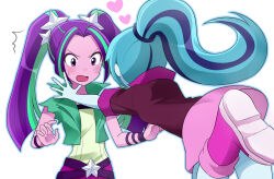  2girls animification aqua_hair aqua_jacket aria_blaze aria_blaze_(human) belt blue_hair blue_outline blue_skin blush boots colored_skin commentary equestria_girls:_rainbow_rocks glomp hair_ornament hands_up hug jacket long_hair multicolored_hair multiple_girls my_little_pony my_little_pony:_equestria_girls my_little_pony:_friendship_is_magic open_clothes open_jacket open_mouth outline pink_boots pink_skirt ponytail purple_hair purple_jacket purple_skin ryuu_(ryuraconis) simple_background skirt sonata_dusk sonata_dusk_(human) star_(symbol) star_hair_ornament streaked_hair surprise_hug surprised sweatdrop twintails very_long_hair violet_eyes white_background yuri 
