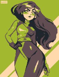  1girl artist_name asymmetrical_gloves black_hair bodysuit cocked_eyebrow commentary contrapposto cowboy_shot english_commentary from_below gloves green_background green_eyes hand_on_own_hip kim_possible_(series) limited_palette mismatched_gloves pixel_art shego smile solo split-color_clothes thisislux 
