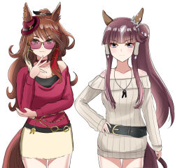  2girls animal_ear_piercing animal_ears bang_dream! bang_dream!_girls_band_party! bare_shoulders belt black_belt blunt_bangs breasts brown_hair choker closed_mouth collarbone commentary cosplay cowboy_shot dress ear_covers ear_piercing earrings ears_through_headwear fedora floating_earrings forever_young_(umamusume) green_eyes hair_ornament hand_on_own_hip hat hoop_earrings horse_ears horse_girl horse_tail imai_lisa imai_lisa_(cosplay) jewelry long_hair long_sleeves look-alike looking_at_viewer lucky_lilac_(umamusume) manziqr medium_breasts miniskirt multicolored_hair multiple_girls multiple_piercings nakashima_yuki necklace off-shoulder_shirt off-shoulder_sweater off_shoulder piercing ponytail rabbit_necklace red-tinted_eyewear red_choker red_shirt red_streaks ribbed_sweater shirt side_ponytail sidelocks simple_background skirt smile standing streaked_hair sunglasses sweater sweater_dress swept_bangs tail tinted_eyewear trait_connection umamusume very_long_hair violet_eyes voice_actor_connection white_background white_streaks yellow_skirt 