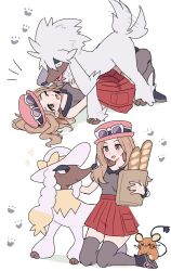  1girl :d ;d affectionate bag baguette black_shoes bread brown_hair commentary_request dedenne eyewear_on_headwear food furfrou hat highres holding kuru_(4rfw7) long_hair one_eye_closed open_mouth paper_bag pink_hat pleated_skirt pokemon pokemon_(creature) pokemon_x_and_y red_skirt serena_(pokemon) shirt shoes skirt sleeveless sleeveless_shirt smile sunglasses thigh-highs white_background 