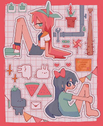  +_+ 2girls absurdres aubrey_(faraway)_(omori) aubrey_(headspace)_(omori) aubrey_(omori) bandaid barefoot baseball_bat black_socks blue_eyes blue_hairband blue_shirt blue_skirt blush bow bow_hairband closed_mouth commentary_request crop_top denim denim_skirt dual_persona food forest_bunny_(omori) fruit hair_bow hairband highres jacket long_hair long_shirt looking_at_viewer mr._plantegg_(omori) multiple_girls nail_(hardware) nail_bat ninini_(happy_goody115) omori open_clothes open_jacket pink_bow pink_hair pinwheel plant potted_plant purple_hair shirt shoes short_sleeves skirt sneakers socks stuffed_eggplant violet_eyes watermelon watermelon_slice white_jacket wrench 