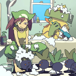 1girl :> barefoot bath bathtub bubble_bath closed_mouth collarbone green_pants ludicolo oddish open_mouth pants pokemon pokemon_(creature) pokemon_breeder_(pokemon) pokemon_x_and_y saboteri_(savot) scrub_brush shampoo shirt shower_head sitting smile wavy_mouth window yellow_shirt 