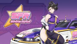  1girl absurdres breasts car character_request clothing_cutout highleg highleg_leotard highres holding holding_removed_eyewear jacket large_breasts leotard motor_vehicle on_car pants ponytail purple_leotard screamer_(2026) sunglasses unworn_eyewear yincrescent 