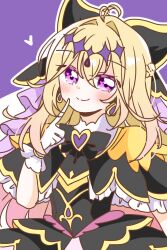  1girl antenna_hair black_bow black_bowtie black_capelet black_dress blonde_hair bow bowtie brooch capelet commentary_request cure_arcana_shadow diamond_hairband dress earrings frilled_capelet frills gloves gradient_hair hair_intakes heart heart_brooch highres jewelry long_hair looking_at_viewer magical_girl meitantei_precure! moria_luluka multicolored_hair outline precure purple_background purple_veil simple_background solo veil violet_eyes wakana1327 white_gloves white_outline 