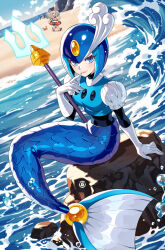  1boy 1girl android arm_support atomicmrshmallw beach black_bodysuit blue_eyes blue_sky bodysuit breasts closed_mouth clouds crab crop_top day dr._wily_(mega_man) elbow_gloves finger_to_mouth fins gloves grey_hair head_fins helmet highres holding holding_polearm holding_weapon looking_at_viewer male_swimwear medium_breasts mega_man_(series) merfolk mermaid monster_girl monsterification multiple_boys multiple_girls ocean open_mouth outdoors polearm puffy_short_sleeves puffy_sleeves robot robot_girl rock sand shore short_sleeves shorts sitting sitting_on_rock sky smile solo_focus spear splash_woman splashing starfish swim_trunks trident water waves weapon white_gloves 