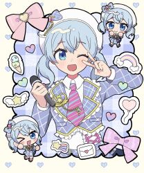  >_o 1girl ;d absurdres balloon blue_bow blue_eyes blue_hair blue_jacket blush bow chibi closed_mouth collared_shirt commentary_request commission double-parted_bangs frilled_jacket frills hair_between_eyes hands_up hat hat_bow heart_balloon highres holding holding_microphone jacket layered_sleeves long_sleeves looking_at_viewer medium_hair microphone multiple_views necktie one_eye_closed open_mouth original pink_necktie plaid_bow pnt_0202 rainbow shirt skeb_commission smile striped_clothes striped_necktie twintails upper_body v white_hat white_shirt 