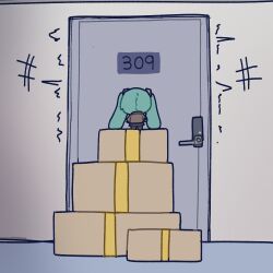  1girl black_skirt blue_hair box commentary_request door hatsune_miku long_hair miratsu_(miratsu169) skirt solo standing_on_box twintails vocaloid 