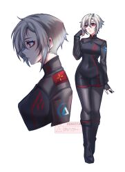  1girl ariane_yeong arm_at_side artist_name black_boots black_gloves black_shrug boots commentary covered_navel cropped_torso english_commentary eyeshadow fingerless_gloves full_body gloves hand_up highres knee_boots makeup military_uniform multiple_views profile red_eyes red_eyeshadow short_hair shrug_(clothing) signalis simple_background standing watermark white_background white_hair xenvita 