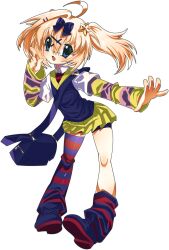  1girl 2000s_(style) :3 :d ahoge asymmetrical_legwear bag bike_shorts bike_shorts_under_skirt black_bag black_shoes blonde_hair blue_eyes bow commentary english_commentary faux_retro_artstyle full_body hair_between_eyes hair_bow hair_ornament highres index_finger_raised layered_sleeves leg_warmers long_sleeves looking_at_viewer messenger_bag mismatched_legwear no_nose official_art outstretched_hand shifuku_otori shoes short_over_long_sleeves short_sleeves shoulder_bag single_leg_warmer single_thighhigh skirt smile solo standing star_(symbol) star_hair_ornament striped_clothes striped_leg_warmers striped_thighhighs tachi-e thigh-highs tomi_(uptown-p) transparent_background two_side_up utau yellow_skirt 