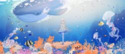 1girl air_bubble animal blue_bow blue_shoes bow bubble caustics closed_eyes clownfish commentary_request coral dress fish footwear_bow frilled_dress frills full_body grey_hair hands_on_own_chest hat jellyfish long_hair luo_tianyi miqing musical_note musical_note_print musical_staff own_hands_together pantyhose pleated_dress print_dress sailor_hat school_of_fish shoes short_dress solo standing underwater very_long_hair vocaloid vsinger_(vocaloid) whale white_dress white_hat white_pantyhose wide_shot 