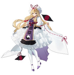  1girl 2022mmk absurdres blonde_hair bow breasts chinese_commentary commentary_request dress frilled_dress frilled_sleeves frills full_body gap_(touhou) hair_bow hat hat_ribbon high_heels highres large_breasts long_sleeves looking_at_viewer mob_cap pantyhose purple_shoes purple_tabard red_bow ribbon ribbon-trimmed_sleeves ribbon_trim shoes solo tabard touhou violet_eyes white_dress white_pantyhose wide_sleeves yakumo_yukari yin_yang yin_yang_print 