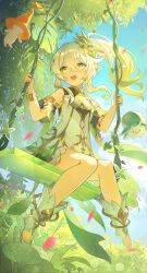  1girl absurdres anklet bare_legs bare_shoulders bloomers bracelet braid cape chinese_commentary commentary_request detached_sleeves dress feet flower full_body fungi_(genshin_impact) genshin_impact gradient_hair green_cape green_eyes hair_ornament highres jewelry leaf_hair_ornament multicolored_hair nahida_(genshin_impact) on_swing open_mouth shangguan_wanyu solo stirrup_footwear swing swinging_on_swing teeth toes tree upper_teeth_only white_hair 