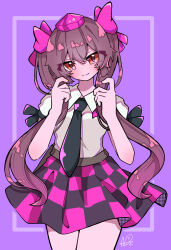  1girl absurdres akuta_neko black_bow black_necktie bow brown_eyes brown_hair checkered_clothes checkered_skirt commentary hair_bow hat highres himekaidou_hatate long_hair looking_at_viewer necktie pink_bow pink_hat purple_background shirt signature skirt sleeve_bow solo tokin_hat touhou twintails white_shirt 