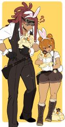  1boy 1girl analog_clock anger_vein animal_ears animalization black_gloves black_pants boots brown_eyes brown_hair clock confused covered_eyes croissant_cookie double_bun easter_egg egg gloves hair_bun hat highres knees lace-up_boots multiple_others ohta_guk_hip pants purple_hair rabbit rabbit_ears rabbit_tail red_hair shirt socks string_gummy_cookie striped_clothes striped_shirt tail timekeeper_cookie white_gloves 