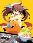  1girl :d apron beatmania beatmania_iidx bowl brown_eyes brown_hair character_request food long_hair looking_at_viewer mzh nearly_naked_apron noodles open_mouth phonograph ramen smile solo sound_voltex turntable twintails 
