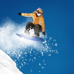  1girl absurdres anis_(nikke) black_mittens black_pants blue_sky borddort brown_eyes brown_hair coat day goddess_of_victory:_nikke goggles goggles_on_head highres midair mittens open_mouth orange_coat outdoors pants sky snow snowboard snowboarding solo winter_clothes 
