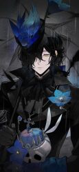  1boy absurdres black_bow black_hair black_suit blue_crown blue_flower blue_gem blue_rose bow bowtie closed_mouth commentary_request cross cross_necklace crown earclip flower flower_in_hat gem gilbert_nightray gloves hair_over_one_eye hat hat_flower highres himiakira holding holding_skull holding_umbrella jewelry male_focus mini_crown necklace official_alternate_costume pandora_hearts rain rose see-through_clothes see-through_veil short_hair signature skull solo suit transparent transparent_umbrella umbrella upper_body veil yellow_eyes 