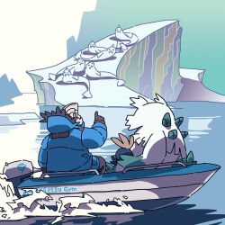  1boy 1other abomasnow black_gloves blue_coat boat coat dewgong gloves grey_hair iceberg oddish outdoors pointing pokemon pokemon_(creature) pokemon_x_and_y saboteri_(savot) water watercraft wulfric_(pokemon) 