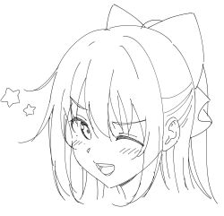  1girl blush cropped_head hair_ribbon highres long_hair looking_at_viewer love_live! love_live!_nijigasaki_high_school_idol_club monochrome one_eye_closed open_mouth osaka_shizuku ponytail ribbon sketch smile solo star_(symbol) tata_(tataice) white_background 