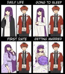  1boy 1girl black_coat black_pants black_vest bouquet bracelet bridal_veil closed_eyes closed_mouth coat commentary dress earrings english_commentary english_text falling_petals fern_(sousou_no_frieren) flower hetero highres holding holding_bouquet husband_and_wife jacket jewelry long_hair multicolored_hair pants petals purple_dress purple_flower purple_hair red_eyes red_hair red_jacket roots_(hair) smile sousou_no_frieren stark_(sousou_no_frieren) veil vest violet_eyes wanderjegson wedding_dress white_dress 