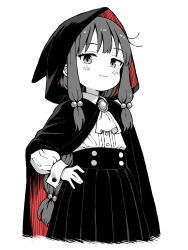  1girl blush cloak closed_mouth hair_bobbles hair_ornament hand_on_own_hip highres hood hood_up hooded_cloak long_hair long_sleeves looking_at_viewer original pleated_skirt shirt_tucked_in simple_background skirt smile solo spot_color white_background yuuji_overall 