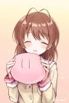  1girl ^_^ antenna_hair blush brown_hair bust clannad closed_eyes dango food furukawa_nagisa irimo-m school_uniform short_hair smile solo twitter_username wagashi 