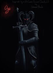  absurdres arm_guards armor breastplate curved_horns datyoyobro facing_viewer full_body glaring glowing glowing_eyes helmet highres holding holding_sword holding_weapon knight shadow_slave shoulder_armor spot_color sword weapon 