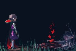  2girls black_background black_cape bow brown_eyes bumi35903802 cape chinese_commentary closed_eyes commentary_request fire from_side fujiwara_no_mokou full_body grey_hair hair_bow hair_spread_out hat holding holding_unworn_clothes holding_unworn_hat long_hair looking_at_another lying medium_hair multiple_girls no_mouth on_back pants plaid_clothes plaid_skirt plaid_vest purple_skirt red-framed_eyewear red_cape red_pants shirt short_sleeves shovel simple_background skirt standing suspenders tombstone touhou two-sided_cape two-sided_fabric unworn_hat unworn_headwear usami_sumireko vest white_shirt wide_shot 