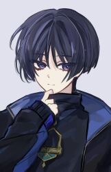  1boy alternate_costume black_hair black_jacket black_shirt black_sleeves blue_jacket blunt_ends choppy_bangs closed_mouth collared_jacket eyeliner finger_under_clothes genshin_impact gimmunyag gold highres jacket long_sleeves makeup male_focus popped_collar portrait red_eyeliner scaramouche_(genshin_impact) shirt solo split_mouth tsurime turtleneck turtleneck_shirt two-sided_fabric two-sided_jacket undershirt violet_eyes wanderer_(genshin_impact) white_background 