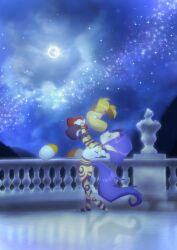  1boy 1girl blonde_hair blue_eyes blue_hair bodysuit commentary dancing english_commentary fairy full_moon gloves green_eyes highres holding leaning_back long_hair ly_(rayman) moon night outdoors pinweena_pin pointy_ears purple_hair rayman rayman_(series) rayman_limbs short_hair sky smile star_(sky) starry_sky tail white_gloves 