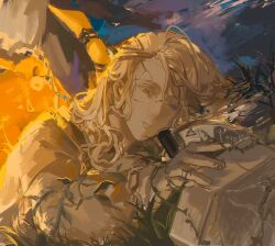  1boy 6_(reverse:1999) backlighting blonde_hair blue_eyes chinese_commentary circlet closed_mouth commentary_request cracked_skin expressionless grass highres komeokun long_hair looking_at_object male_focus night on_ground outdoors petrification reverse:1999 robe scroll solo tombstone upper_body white_robe 