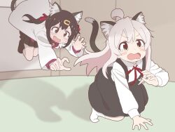  2girls :d ahoge animal_ear_fluff animal_ears black_hair black_skirt black_socks blush_stickers cat_ears cat_girl cat_tail chasing commentary_request double-parted_bangs extra_ears fang fleeing hair_ornament hair_ribbon hairclip highres indoors kemonomimi_mode long_hair long_sleeves multiple_girls neck_ribbon no_shoes onii-chan_wa_oshimai! open_mouth overall_skirt oyama_mahiro oyama_mihari peanut_mouth pleated_skirt red_ribbon ribbon rtbspecter school_uniform shirt siblings sisters skin_fang skirt smile socks tail tearing_up twintails v-shaped_eyebrows wavy_mouth white_hair white_shirt white_socks wing_collar yotsuba_university_affiliated_junior_high_school_uniform 