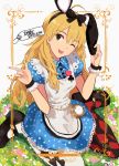  1girl ;d ahoge alice_(wonderland) alice_(wonderland)_(cosplay) alice_in_wonderland animal_ears argyle argyle_legwear black_legwear blonde_hair cosplay fake_animal_ears green_eyes hangaku_(araara0616) hoshii_miki idolmaster long_hair looking_at_viewer mismatched_legwear one_eye_closed open_mouth price_tag rabbit_ears sitting skirt smile solo wariza watch white_legwear wrist_cuffs 