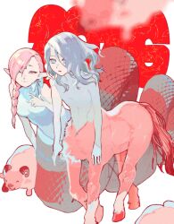  1boy 1girl braid braided_ponytail braided_ponytail_lamia_(dungeon_meshi) centaur dungeon_meshi elf forehead_jewel full_body gapamopa goat_(dungeon_meshi) grey_eyes grey_hair lamia long_hair mithrun_(young) monster_boy monster_girl monsterification nude open_mouth pink_eyes pink_hair pointy_ears shirt single_braid smile taur tunic wavy_hair 