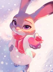  1girl animal_ears animal_nose box coat from_above furry furry_female heart-shaped_box highres holding holding_box incoming_gift judy_hopps looking_at_viewer multiple_pov official_style outdoors painterly perspective pink_scarf pov rabbit_ears rabbit_girl rabbit_tail scarf snowing solo tail tomoe_(shoushou781) valentine violet_eyes white_coat winter_clothes zootopia 