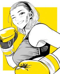 1girl bandaid bandaid_on_cheek bandaid_on_face boxing_gloves breasts commentary_request gloves greyscale_with_colored_background grin hairband hatching_(texture) highres large_breasts lee_(dragon_garou) light_blush linear_hatching medium_hair one_eye_closed original smile solo sports_bra upper_body yellow_background yellow_gloves 