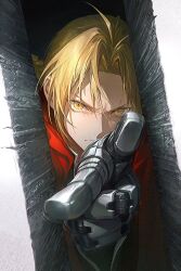 1boy blonde_hair closed_mouth commentary_request curtained_hair edward_elric fullmetal_alchemist highres kkamiiz looking_at_viewer male_focus pointing pointing_at_viewer solo yellow_eyes 