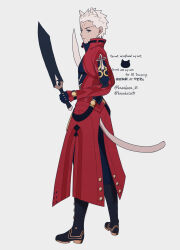  1boy animal_ears archer_(fate) archer_(honkai:_star_rail)_(fate) black_gloves bluesky_username cat_boy cat_ears cat_tail coat commentary_request dark-skinned_male dark_skin dual_wielding fate/stay_night fate_(series) from_side full_body gloves grey_eyes highres holding holding_sword holding_weapon honkai:_star_rail honkai_(series) kanshou_&amp;_bakuya_(fate) karakasa_25 kemonomimi_mode looking_at_viewer male_focus red_coat solo sword tail twitter_username watermark weapon white_hair 