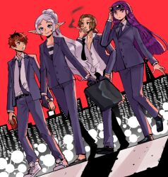  alternate_costume alternate_hairstyle black_gloves black_hair brown_hair cigarette contemporary dress_shoes dutch_angle earrings elf eyewear_on_head fern_(sousou_no_frieren) frieren gloves green_eyes grey_hair grey_shirt hand_in_pocket high_ponytail holding holding_suitcase jewelry multicolored_hair partially_unbuttoned pointy_ears ponytail purple_hair red_eyes red_hair roots_(hair) sein_(sousou_no_frieren) shirt shoes smoking sneakers sousou_no_frieren stark_(sousou_no_frieren) striped_clothes striped_shirt suitcase sunglasses two-tone_hair violet_eyes walking wanderjegson white_shoes 
