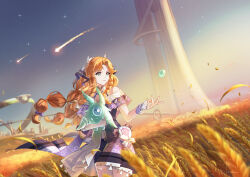  1girl absurdres bare_shoulders braid braided_sidelocks commentary evening fingerless_gloves gloves green_eyes hand_up highres jacket long_hair looking_to_the_side orange_hair outdoors parted_lips purple_jacket sidelocks sigrika_(wuthering_waves) soliskin_(wuthering_waves) solo turning_head white_gloves white_jacket whyte_srsn wuthering_waves 