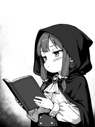  1girl blush book cloak closed_mouth commentary_request from_side greyscale hair_bobbles hair_ornament highres holding holding_book hood hood_up hooded_cloak long_hair long_sleeves monochrome open_book original reading shirt_tucked_in simple_background skirt solo upper_body white_background yuuji_overall 