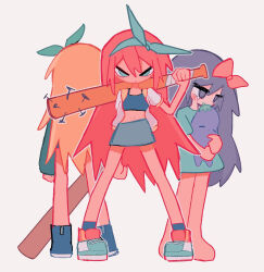  3girls aged_down aubrey_(faraway)_(omori) aubrey_(headspace)_(omori) aubrey_(omori) baseball_bat black_tank_top blonde_hair bow bow_hairband commentary_request crop_top dress facing_away full_body green_dress green_eyes hair_bow hairband highres holding holding_baseball_bat holding_stuffed_toy jacket looking_at_viewer midriff mr._plantegg_(omori) multiple_girls multiple_persona nail_(hardware) nail_bat ninini_(happy_goody115) omori open_clothes open_jacket purple_hair red_hair shoes simple_background skirt sneakers standing stuffed_eggplant stuffed_toy tank_top v-shaped_eyebrows violet_eyes white_background white_jacket 