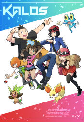  2girls 3boys absurdres arm_up bag black-framed_eyewear black_boots black_bow black_eyes black_hair black_shirt black_shoes black_thighhighs blonde_hair blue_jacket blue_pants blue_shorts boots bow bracelet bright_pupils brown_hair calem_(pokemon) chespin closed_mouth colored_sclera commentary_request copyright_name dark-skinned_female dark_skin eyelashes eyewear_on_headwear fennekin froakie green_eyes green_shoes grey_eyes grey_pants handbag hat highres holding holding_poke_ball jacket jewelry long_hair long_sleeves multiple_boys multiple_girls one_eye_closed open_mouth orange_eyes orange_hair outstretched_arm pants pink_bag pink_hat pink_sandals pink_shirt poke_ball poke_ball_(basic) pokemon pokemon_(creature) pokemon_x_and_y red_hat red_skirt sandals sawarabi_(sawarabi725) scrunchie serena_(pokemon) shauna_(pokemon) shirt shoes short_hair short_sleeves shorts skirt sleeveless sleeveless_shirt smile starter_pokemon_trio sunglasses t-shirt teeth thigh-highs tierno_(pokemon) trevor_(pokemon) twintails upper_teeth_only white-framed_eyewear white_pupils wrist_scrunchie yellow_sclera 